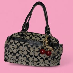Vintage Gorgeous Coach Black and Khaki Signature Shoulder Bag with Cherry Charm